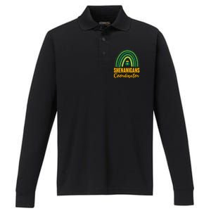 Funny Cute Shenanigans Coordinator Lucky Green Rainbow Pot Of Gold Performance Long Sleeve Polo