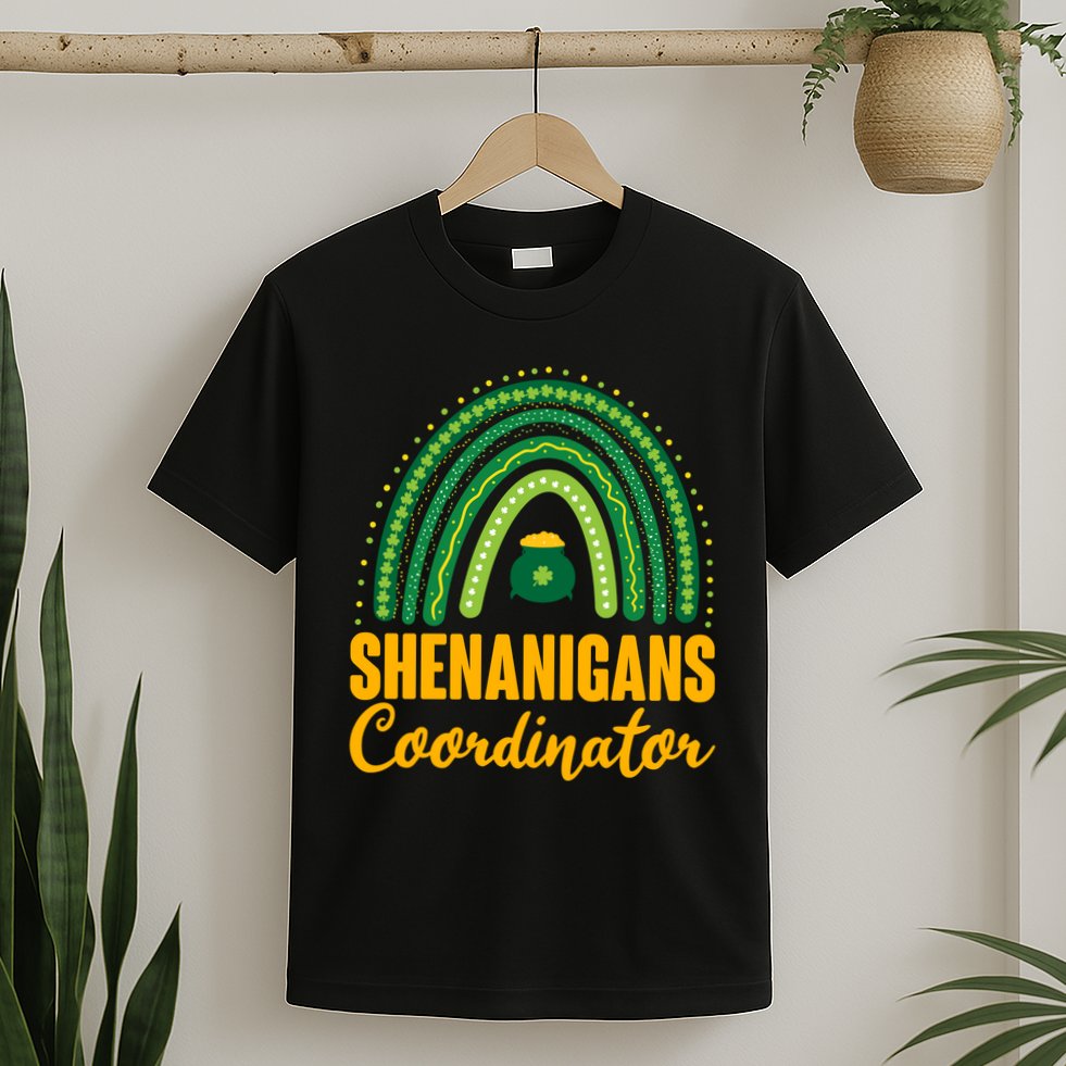 Funny Cute Shenanigans Coordinator Lucky Green Rainbow Pot Of Gold T-Shirt