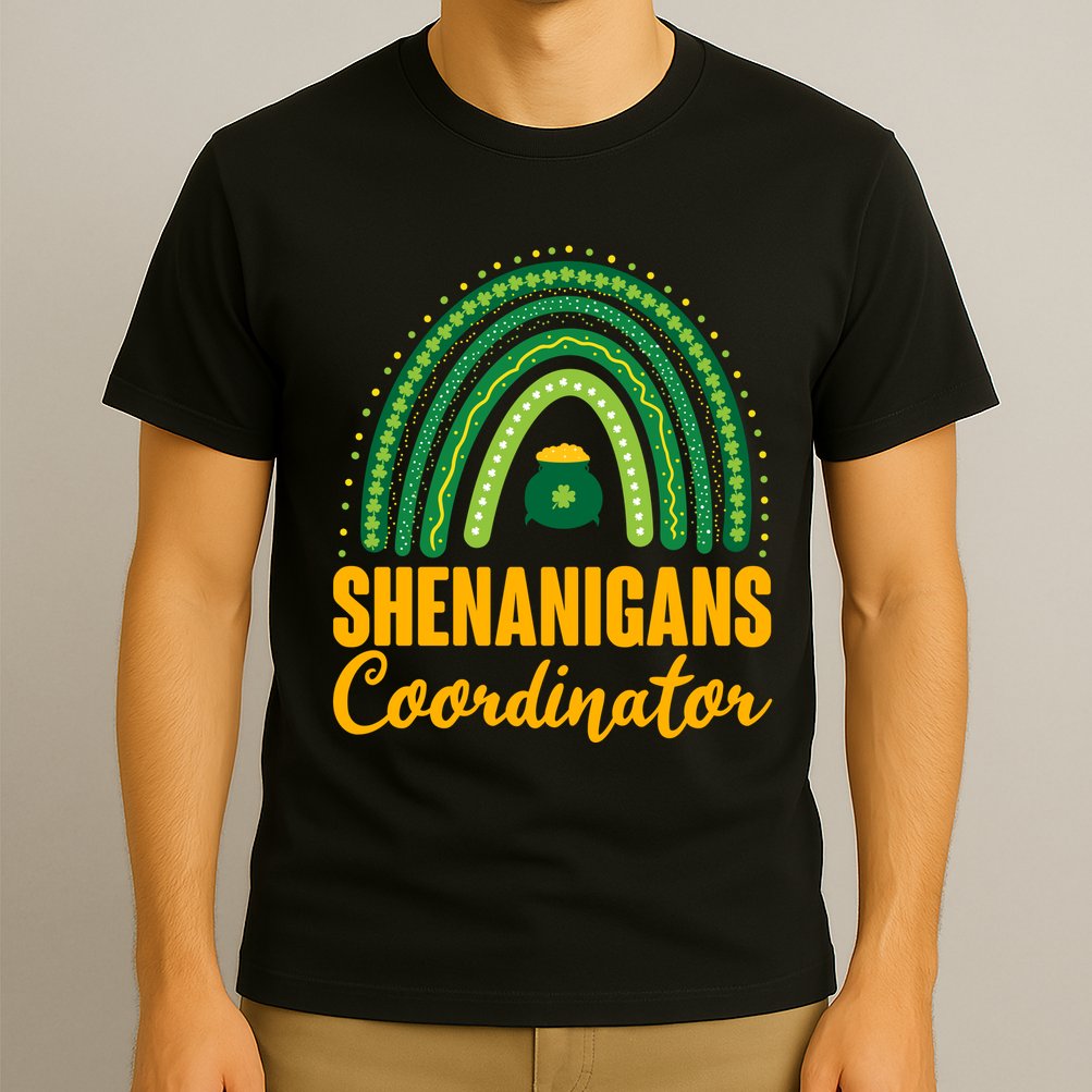 Funny Cute Shenanigans Coordinator Lucky Green Rainbow Pot Of Gold T-Shirt