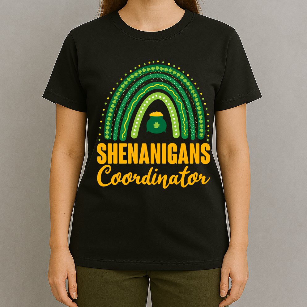 Funny Cute Shenanigans Coordinator Lucky Green Rainbow Pot Of Gold T-Shirt