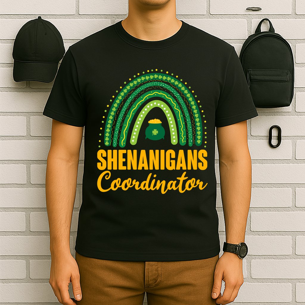 Funny Cute Shenanigans Coordinator Lucky Green Rainbow Pot Of Gold T-Shirt