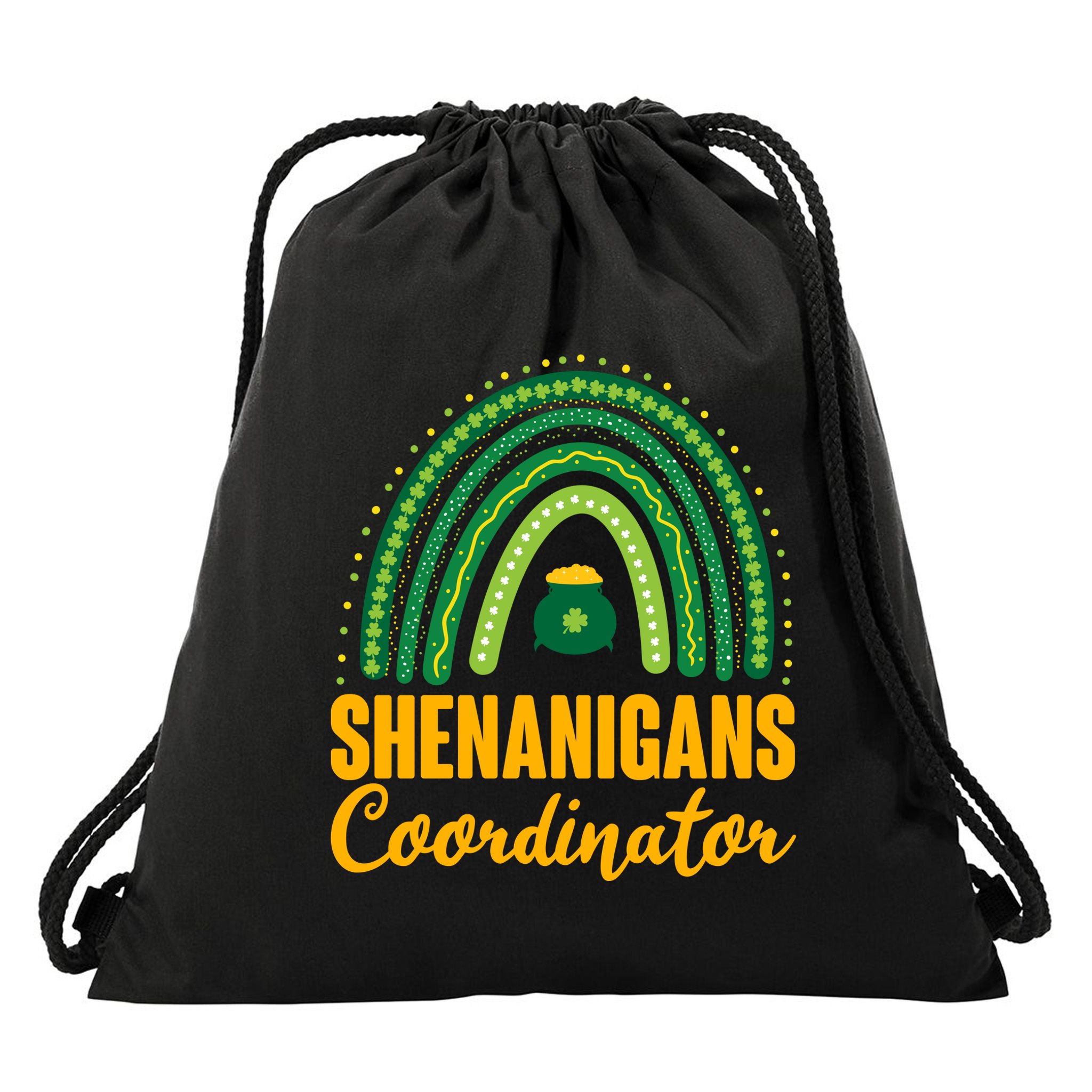 Funny Cute Shenanigans Coordinator Lucky Green Rainbow Pot Of Gold Drawstring Bag