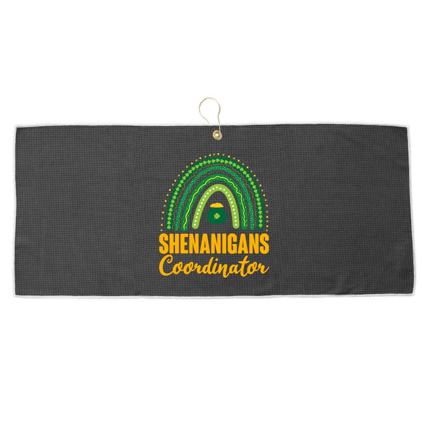 Funny Cute Shenanigans Coordinator Lucky Green Rainbow Pot Of Gold Large Microfiber Waffle Golf Towel