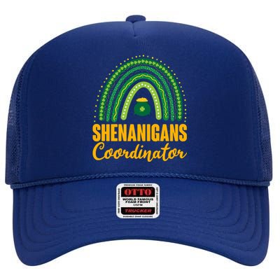 Funny Cute Shenanigans Coordinator Lucky Green Rainbow Pot Of Gold High Crown Mesh Back Trucker Hat