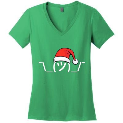 Funny Christmas Santa Shrug Text Emoji Women's V-Neck T-Shirt
