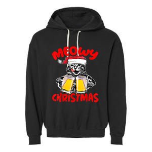 Funny Cat Santa Drinking Beer Xmas For Christmas Holiday Garment-Dyed Fleece Hoodie