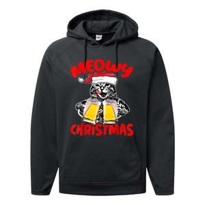 Funny Cat Santa Drinking Beer Xmas For Christmas Holiday Performance Fleece Hoodie