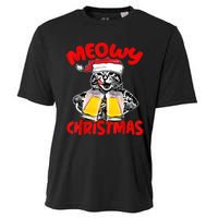 Funny Cat Santa Drinking Beer Xmas For Christmas Holiday Cooling Performance Crew T-Shirt