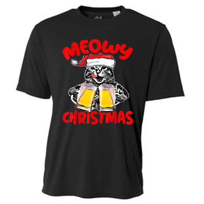 Funny Cat Santa Drinking Beer Xmas For Christmas Holiday Cooling Performance Crew T-Shirt