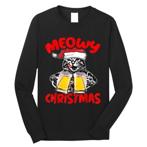 Funny Cat Santa Drinking Beer Xmas For Christmas Holiday Long Sleeve Shirt