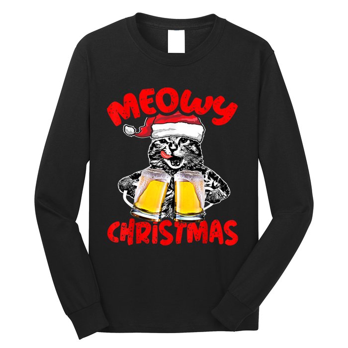 Funny Cat Santa Drinking Beer Xmas For Christmas Holiday Long Sleeve Shirt