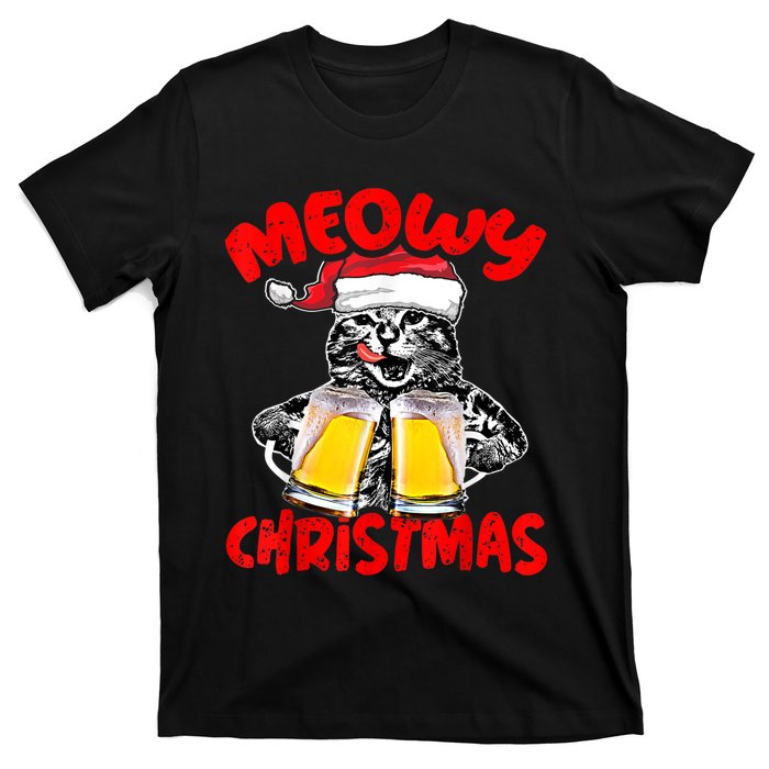 Funny Cat Santa Drinking Beer Xmas For Christmas Holiday T-Shirt