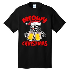 Funny Cat Santa Drinking Beer Xmas For Christmas Holiday Tall T-Shirt