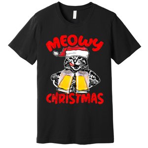 Funny Cat Santa Drinking Beer Xmas For Christmas Holiday Premium T-Shirt