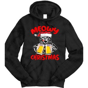 Funny Cat Santa Drinking Beer Xmas For Christmas Holiday Tie Dye Hoodie