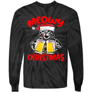 Funny Cat Santa Drinking Beer Xmas For Christmas Holiday Tie-Dye Long Sleeve Shirt