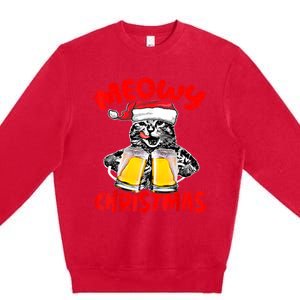 Funny Cat Santa Drinking Beer Xmas For Christmas Holiday Premium Crewneck Sweatshirt