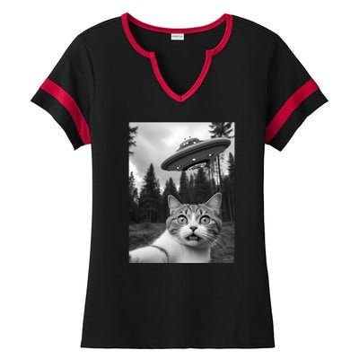 Funny Cat Selfie With A Ufo Ladies Halftime Notch Neck Tee