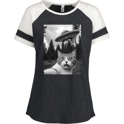 Funny Cat Selfie With A Ufo Enza Ladies Jersey Colorblock Tee