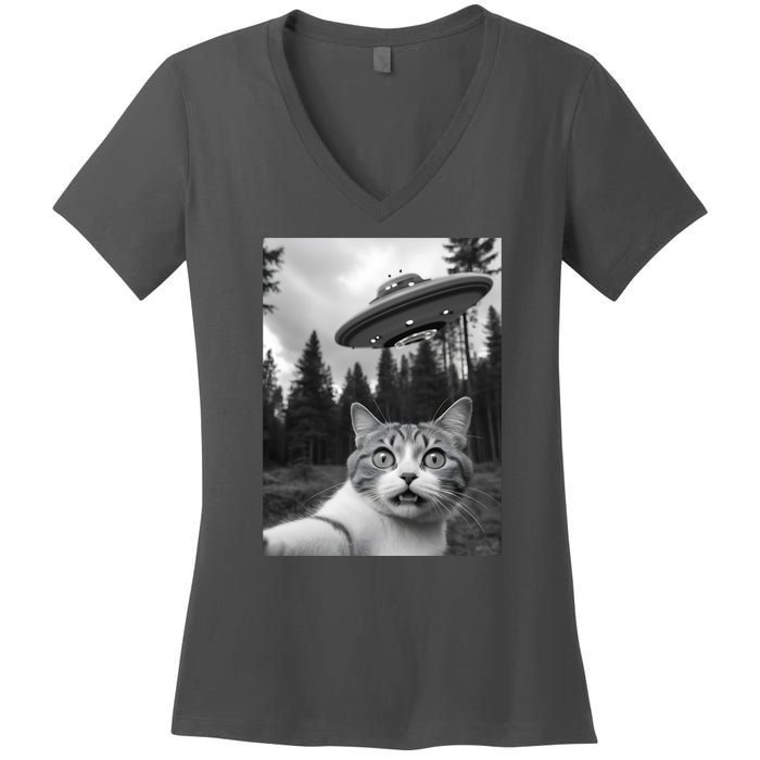 Funny Cat Selfie With A Ufo Women's V-Neck T-Shirt