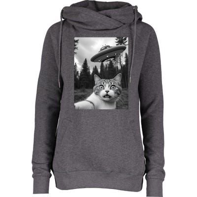 Funny Cat Selfie With A Ufo Womens Funnel Neck Pullover Hood