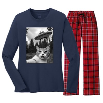 Funny Cat Selfie With A Ufo Women's Long Sleeve Flannel Pajama Set 