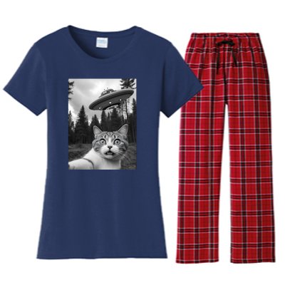 Funny Cat Selfie With A Ufo Women's Flannel Pajama Set