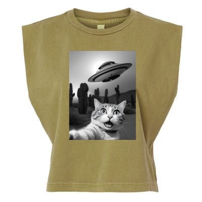 Funny Cat Selfie With A Ufo Garment-Dyed Women's Muscle Tee