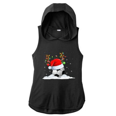 Funny Christmas Soccer Reindeer And Santa Hat Xmas Tree Light Gift Ladies PosiCharge Tri-Blend Wicking Draft Hoodie Tank