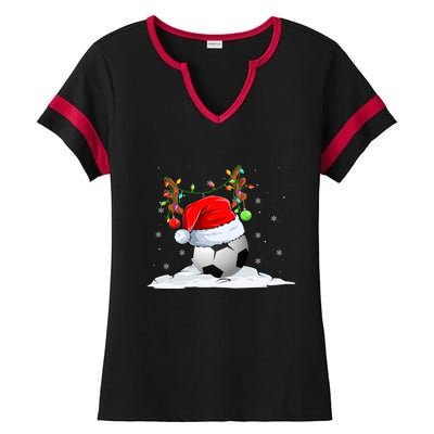 Funny Christmas Soccer Reindeer And Santa Hat Xmas Tree Light Gift Ladies Halftime Notch Neck Tee