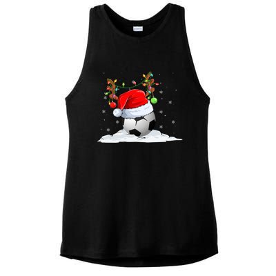 Funny Christmas Soccer Reindeer And Santa Hat Xmas Tree Light Gift Ladies PosiCharge Tri-Blend Wicking Tank