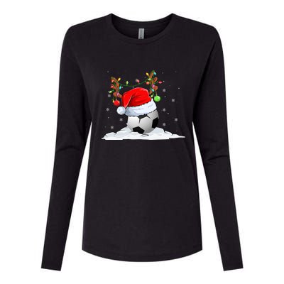 Funny Christmas Soccer Reindeer And Santa Hat Xmas Tree Light Gift Womens Cotton Relaxed Long Sleeve T-Shirt