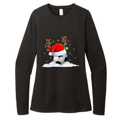 Funny Christmas Soccer Reindeer And Santa Hat Xmas Tree Light Gift Womens CVC Long Sleeve Shirt