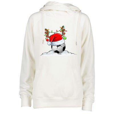 Funny Christmas Soccer Reindeer And Santa Hat Xmas Tree Light Gift Womens Funnel Neck Pullover Hood