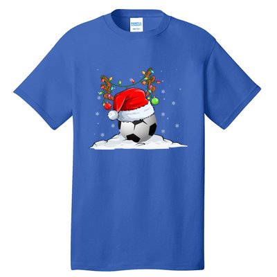 Funny Christmas Soccer Reindeer And Santa Hat Xmas Tree Light Gift Tall T-Shirt