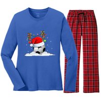 Funny Christmas Soccer Reindeer And Santa Hat Xmas Tree Light Gift Women's Long Sleeve Flannel Pajama Set 