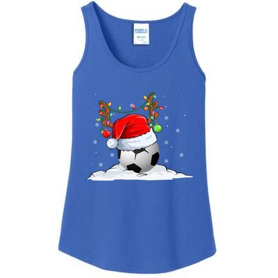 Funny Christmas Soccer Reindeer And Santa Hat Xmas Tree Light Gift Ladies Essential Tank