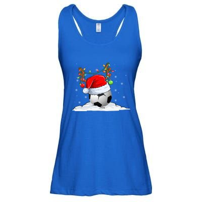 Funny Christmas Soccer Reindeer And Santa Hat Xmas Tree Light Gift Ladies Essential Flowy Tank