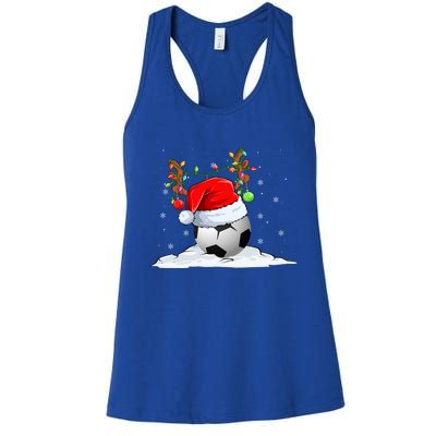 Funny Christmas Soccer Reindeer And Santa Hat Xmas Tree Light Gift Women's Racerback Tank