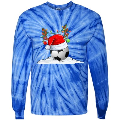 Funny Christmas Soccer Reindeer And Santa Hat Xmas Tree Light Gift Tie-Dye Long Sleeve Shirt