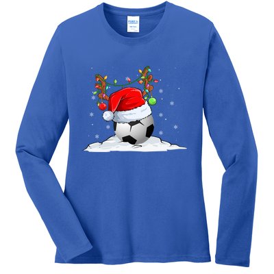 Funny Christmas Soccer Reindeer And Santa Hat Xmas Tree Light Gift Ladies Long Sleeve Shirt