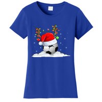 Funny Christmas Soccer Reindeer And Santa Hat Xmas Tree Light Gift Women's T-Shirt