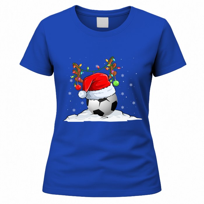 Funny Christmas Soccer Reindeer And Santa Hat Xmas Tree Light Gift Women's T-Shirt