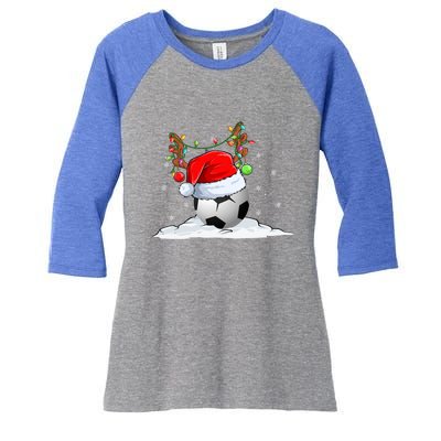 Funny Christmas Soccer Reindeer And Santa Hat Xmas Tree Light Gift Women's Tri-Blend 3/4-Sleeve Raglan Shirt