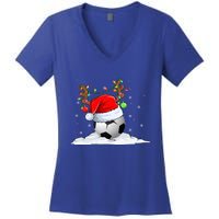 Funny Christmas Soccer Reindeer And Santa Hat Xmas Tree Light Gift Women's V-Neck T-Shirt