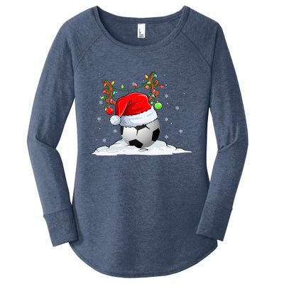 Funny Christmas Soccer Reindeer And Santa Hat Xmas Tree Light Gift Women's Perfect Tri Tunic Long Sleeve Shirt