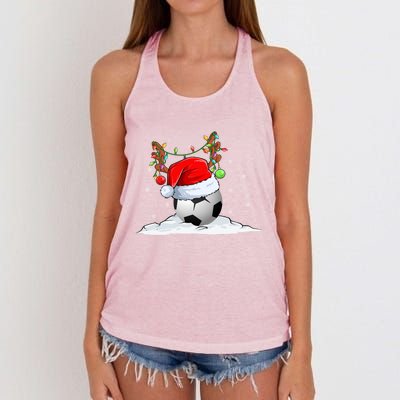 Funny Christmas Soccer Reindeer And Santa Hat Xmas Tree Light Gift Women's Knotted Racerback Tank