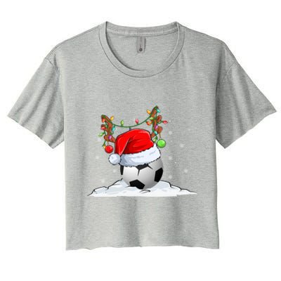 Funny Christmas Soccer Reindeer And Santa Hat Xmas Tree Light Gift Women's Crop Top Tee