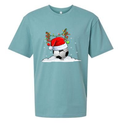 Funny Christmas Soccer Reindeer And Santa Hat Xmas Tree Light Gift Sueded Cloud Jersey T-Shirt