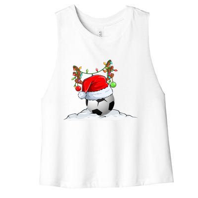 Funny Christmas Soccer Reindeer And Santa Hat Xmas Tree Light Gift Women's Racerback Cropped Tank